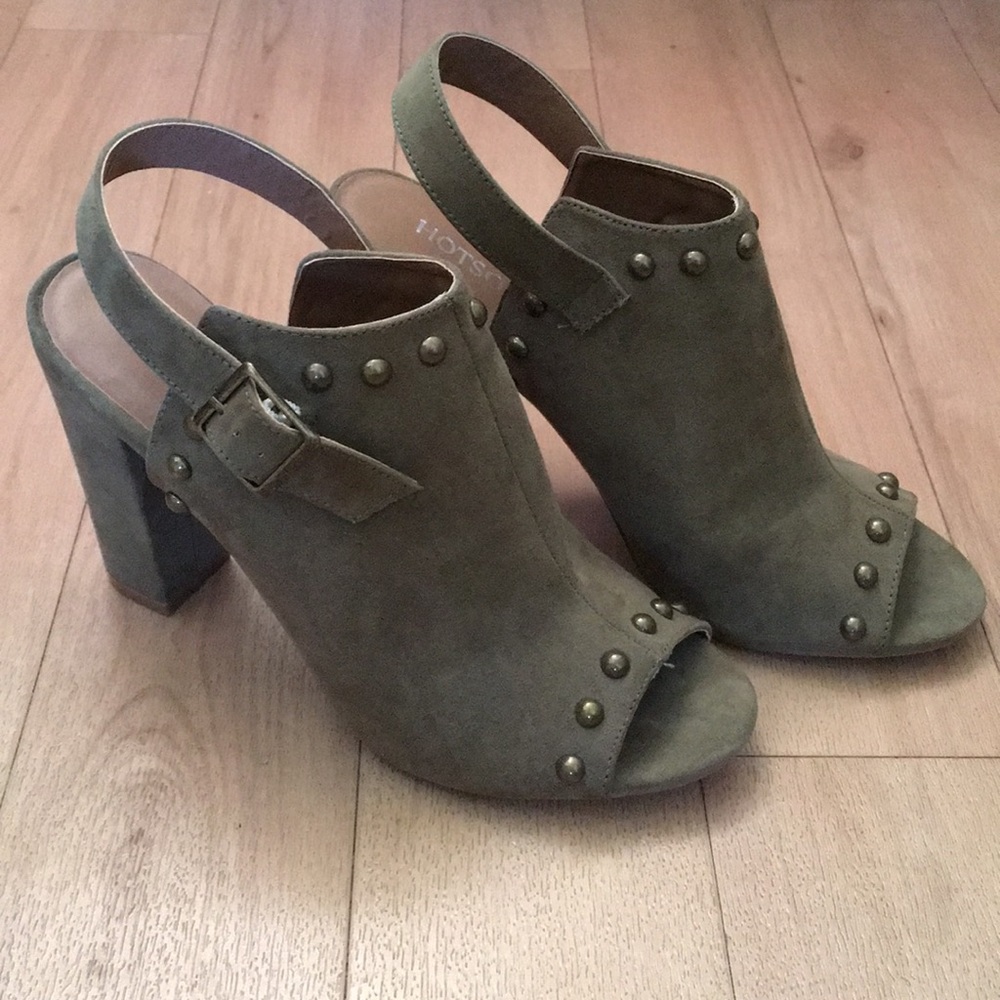 Olive Green, Studded Chunky Heels - Size 9